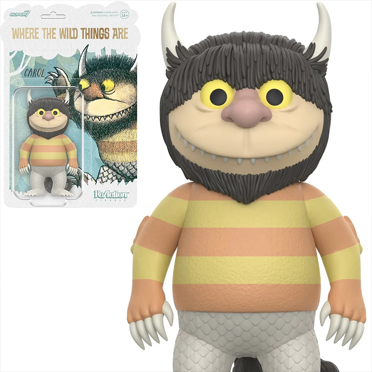 Where the Wild Things Are Carol monster action figure in striped sweater and gray scales by Super7 with packaging visible
