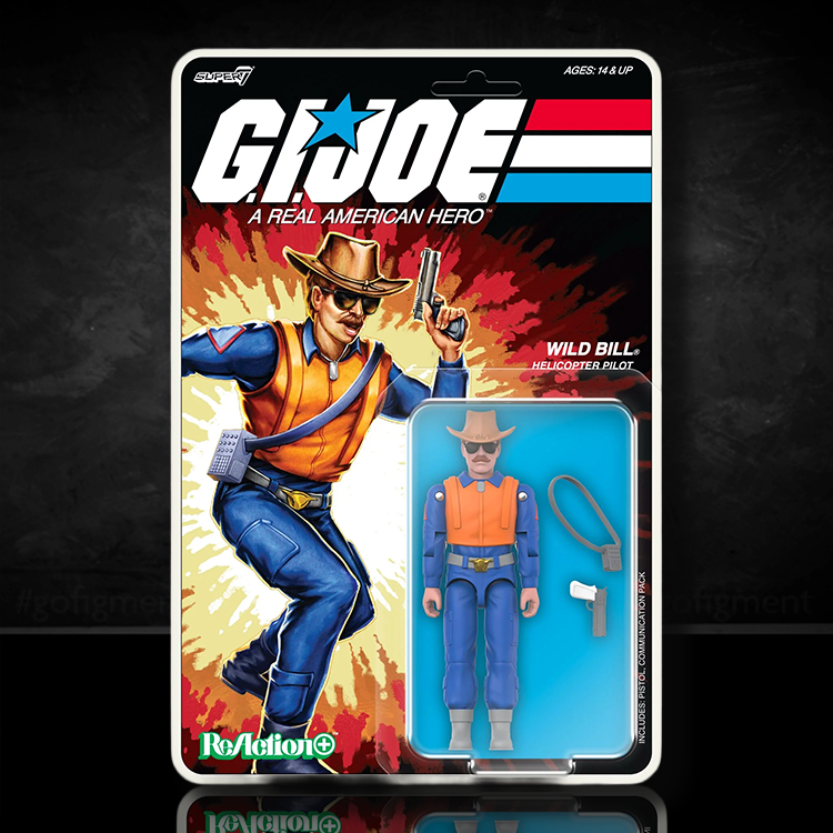 Hasbro GI Joe Wild Bill Helicopter Pilot action figure in retro packaging with pistol and headset accessories