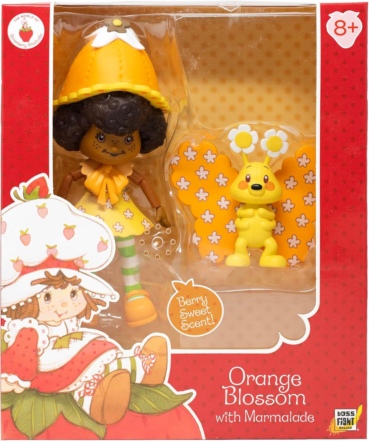 Boss Fight Studio Llc Orange Blossom figure with curly hair, orange hat, yellow dress, striped green leggings, and Marmalade companion