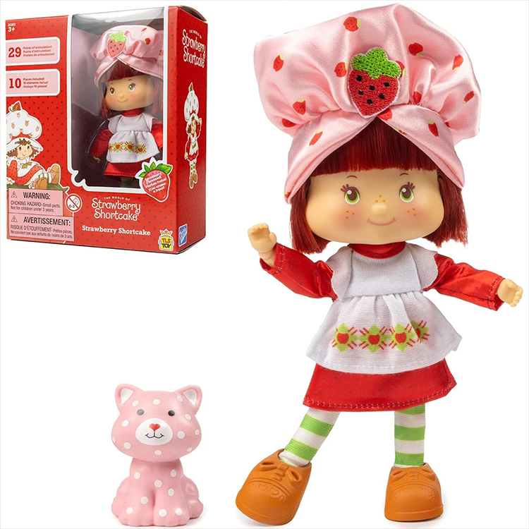 Loyal Subjects Strawberry Shortcake articulated 5.5 inch fashion doll with pink hat and polka dot cat figure in box