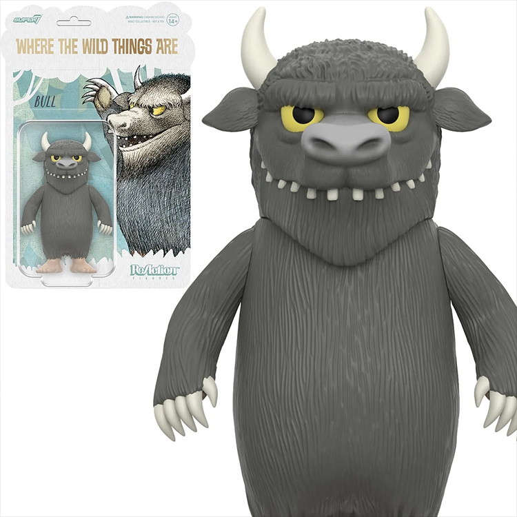 Super7 Where the Wild Things Are Bull monster 3.75-inch ReAction figure with gray fur and white horns displayed in packaging