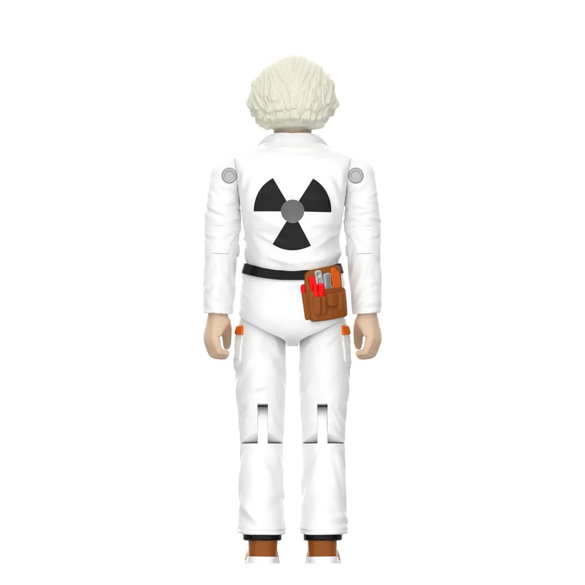 Super7 Back To The Future 1985 Doc Brown figure viewed from back with radiation symbol on jumpsuit