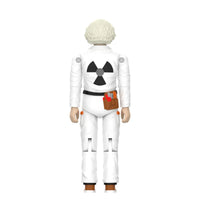 Super7 Back To The Future 1985 Doc Brown figure viewed from back with radiation symbol on jumpsuit
