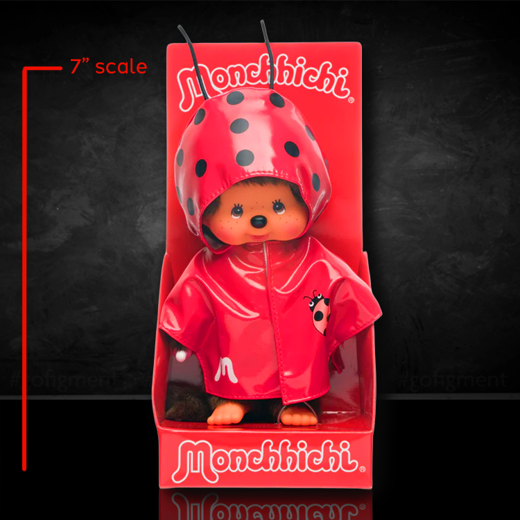 Official Sekiguchi 8-inch Monchhichi Girl doll in a Ladybug coat costume, often searched as a Monchichi ladybug plush.