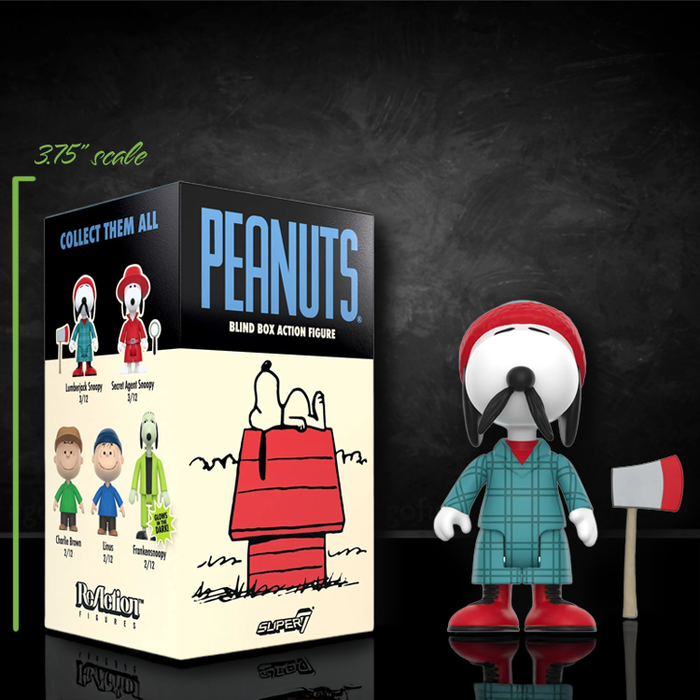 Super7 Peanuts Lumberjack Snoopy action figure in plaid coat with axe and original blind box packaging on black background