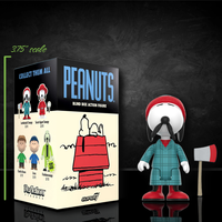 Super7 Peanuts Lumberjack Snoopy action figure in plaid coat with axe and original blind box packaging on black background
