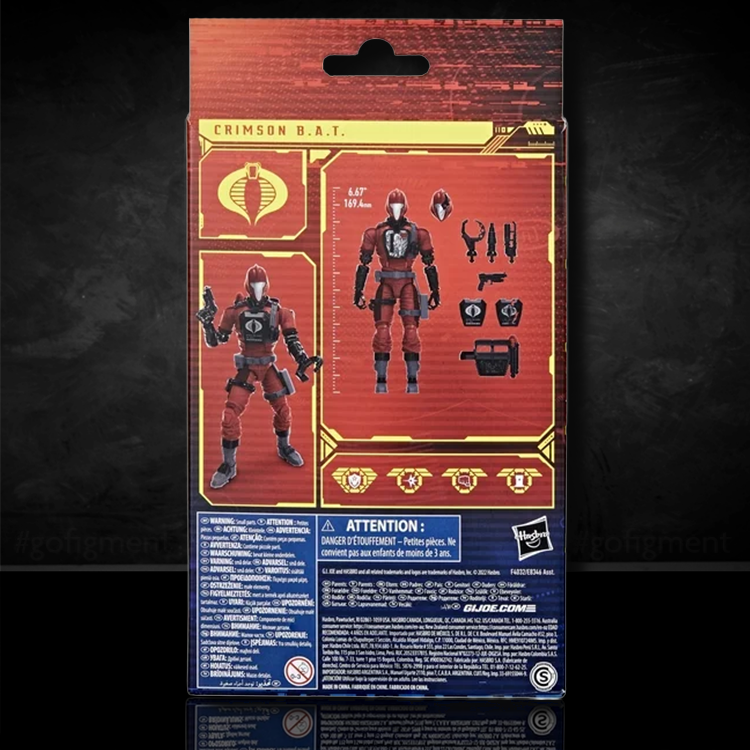 Hasbro GI Joe Classified Series Crimson B.A.T. 6-inch action figure packaging back with accessories and warnings