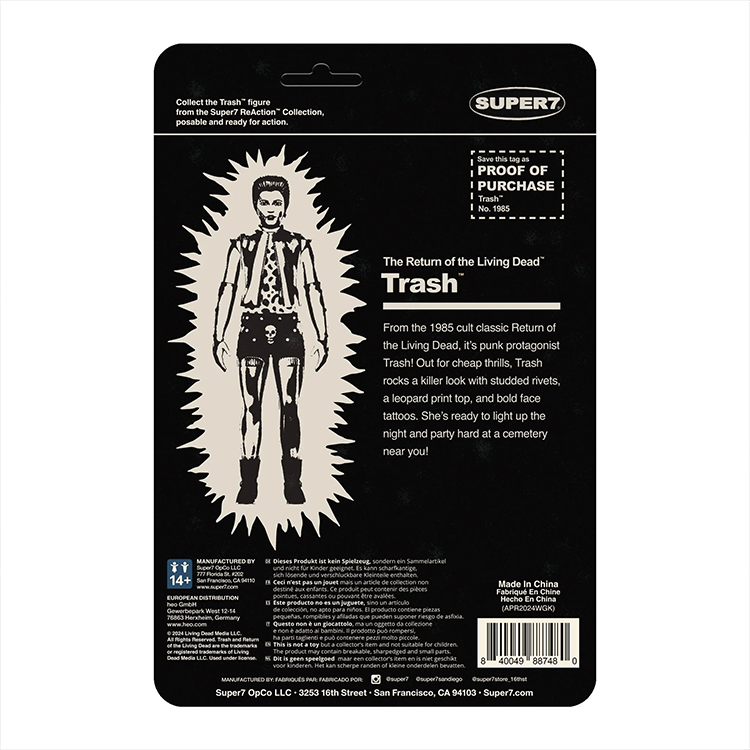 Super7 Trash Monster Glow Return of the Living Dead action figure packaging back with character bio and brand logo