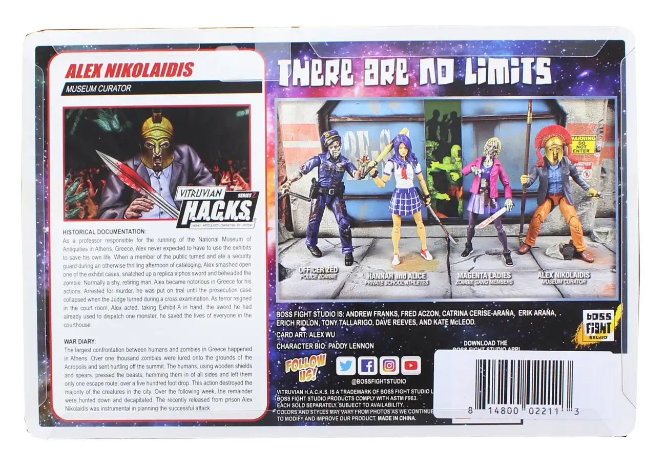 Product packaging with action figures and text on a white background