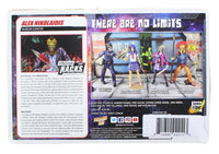 Product packaging with action figures and text on a white background