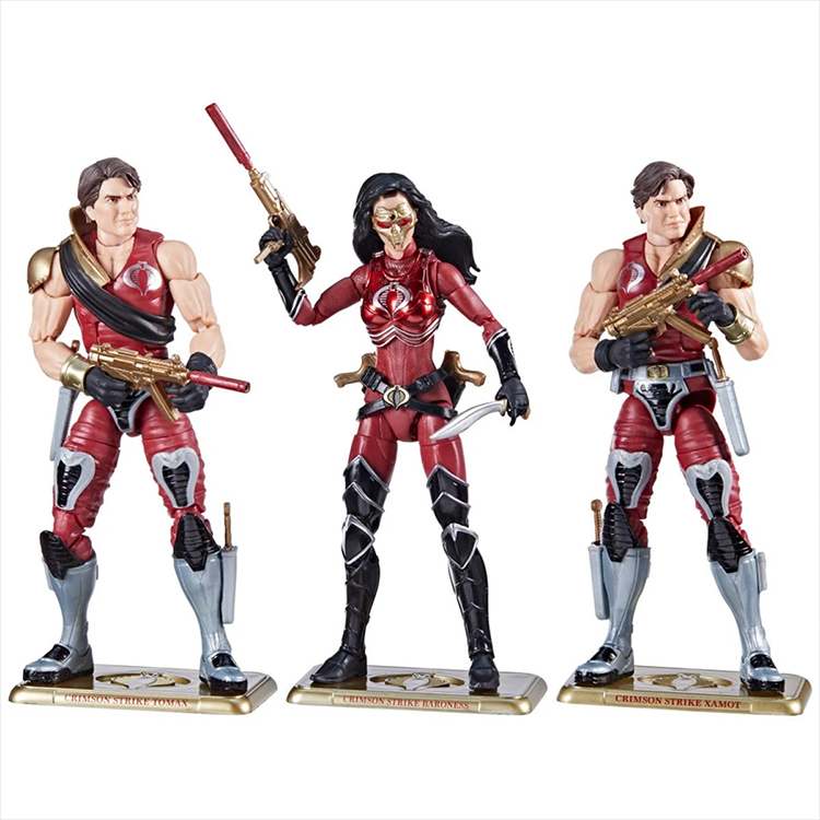 Hasbro GI Joe Classified Series COBRA 3-Pack Baroness, Tomax, and Xamot 6-inch action figures with weapons and stands