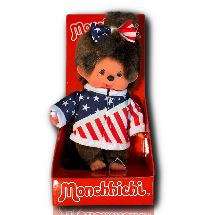 Sekiguchi Monchhichi Girl plush in patriotic stars and stripes outfit 8 inch collectible toy in packaging