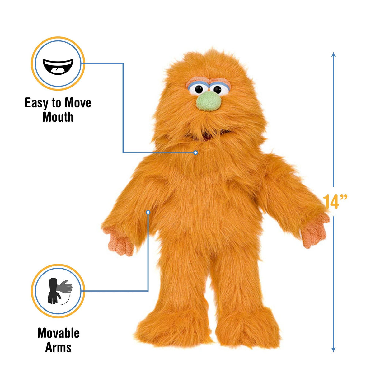 Silly Puppets - Silly Puppets Monster, Orange (14") plush with movable arms, easy-to-move mouth, and soft bright orange fur by Silly Puppets