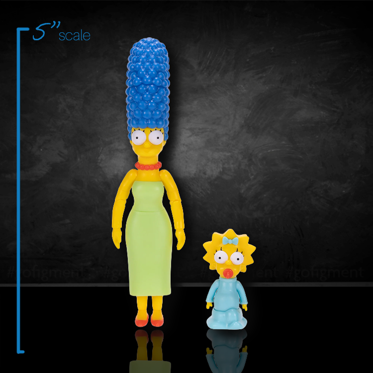 Jakks Pacific Marge Simpson and Maggie 5 inch action figures with detailed features on dark background