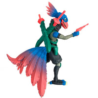 Pava Pergia Saurozoic Warriors action figure, a 6-inch scale Ninja Archaeopteryx. This feathered dinosaur warrior features teal and grey plumage, a black ninja mask, and holds two red tech-swords. 1:12 scale collectible from Boss Fight Studio