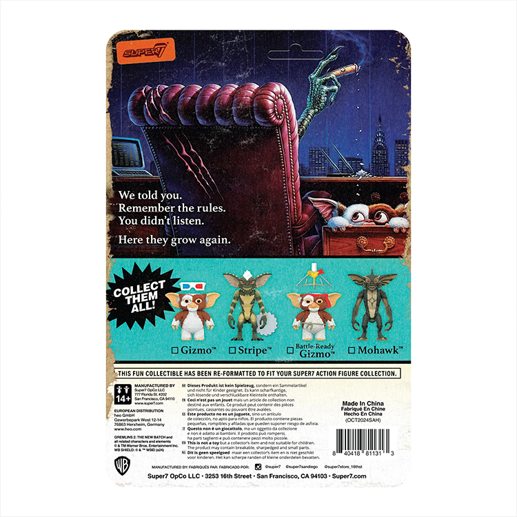 Super7 Mohawk Gremlins 2 action figure packaging back with character lineup and collectible details on dark cityscape background
