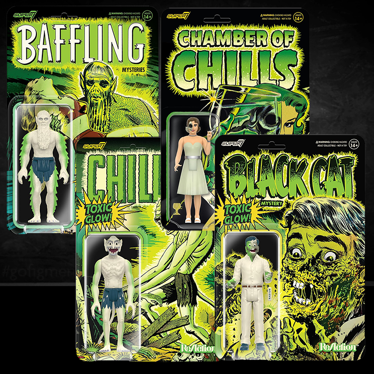 Four Super7 Pre-Code Horror Comics glow-in-the-dark action figures in vintage style packaging with vibrant green and yellow tones