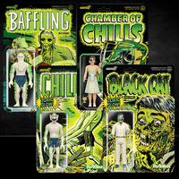 Four Super7 Pre-Code Horror Comics glow-in-the-dark action figures in vintage style packaging with vibrant green and yellow tones
