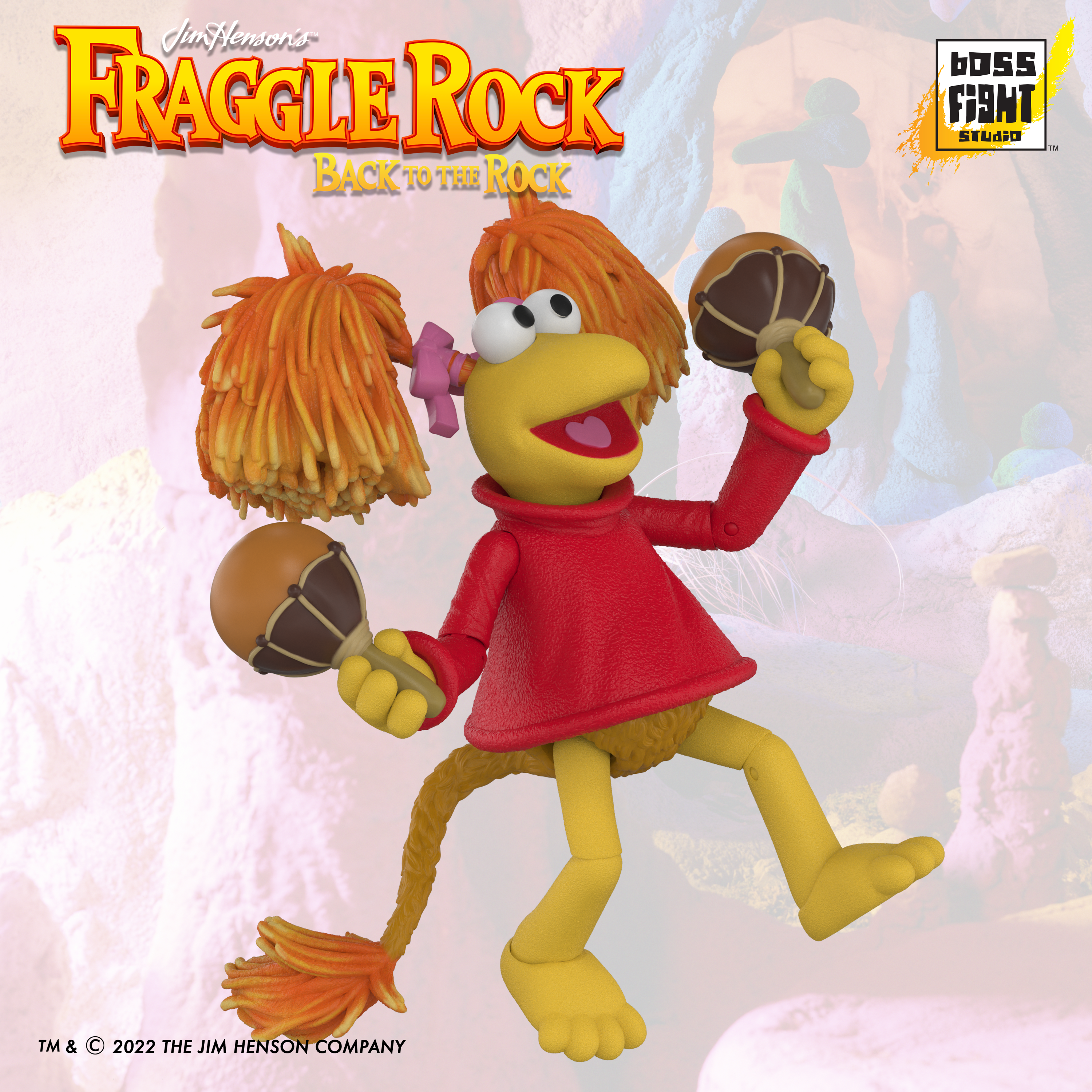Boss Fight Studio Llc Fraggle Rock Red figure dancing with maracas, orange hair, red top, and yellow limbs on soft rock background