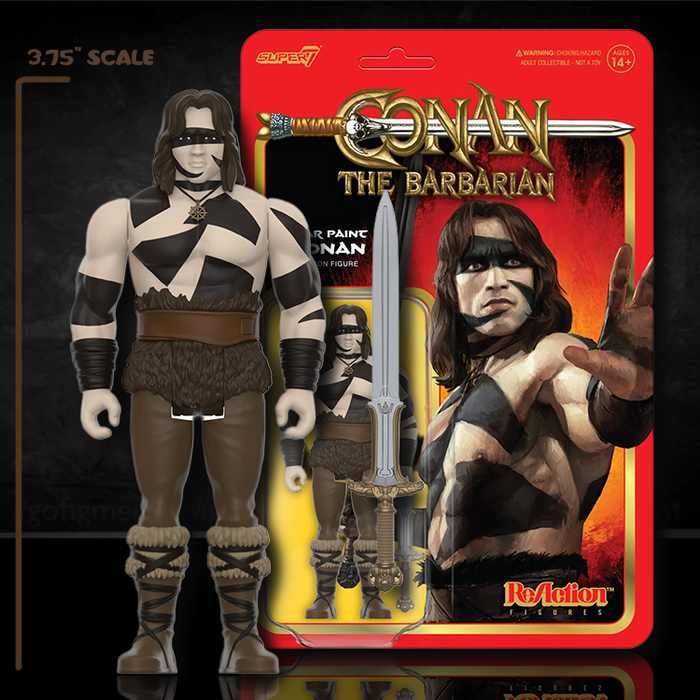 Super7 Conan the Barbarian War Paint 3.75 inch action figure with black war paint and sword in packaging