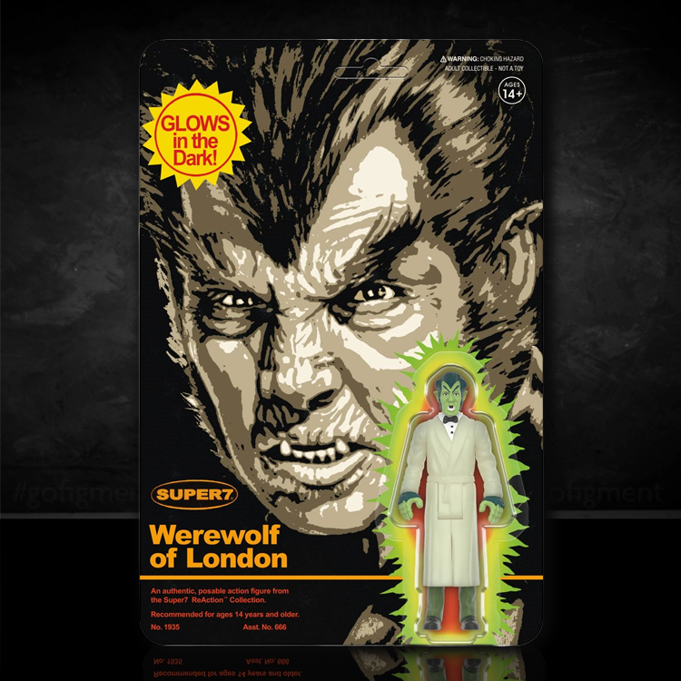 Super7 Werewolf of London 3 3/4-inch ReAction figure in glow-in-the-dark bathrobe packaging close-up view