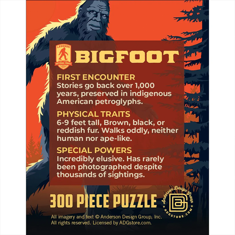 Master Pieces Bigfoot jigsaw puzzle box art with cryptid facts and silhouette against orange forest background