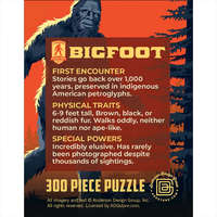 Master Pieces Bigfoot jigsaw puzzle box art with cryptid facts and silhouette against orange forest background