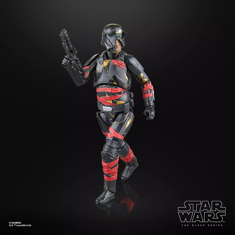 Hasbro Star Wars Black Series Night Trooper action figure with detailed armor and red bandages on black background