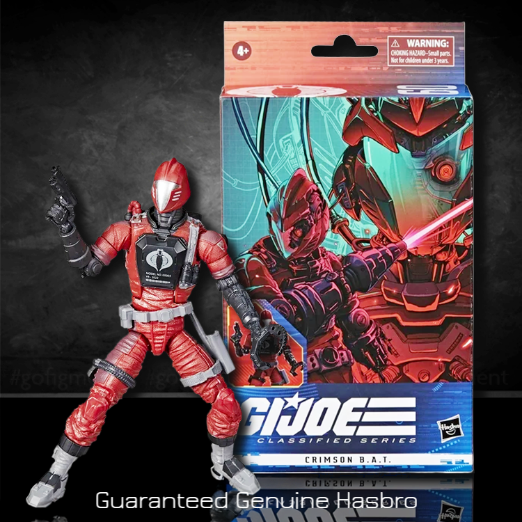 Hasbro GI Joe Classified Series Crimson BAT 6-inch action figure posed next to illustrated collectible box