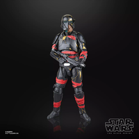 Hasbro Star Wars Black Series Night Trooper action figure with red and gold detailing holding blaster on black background