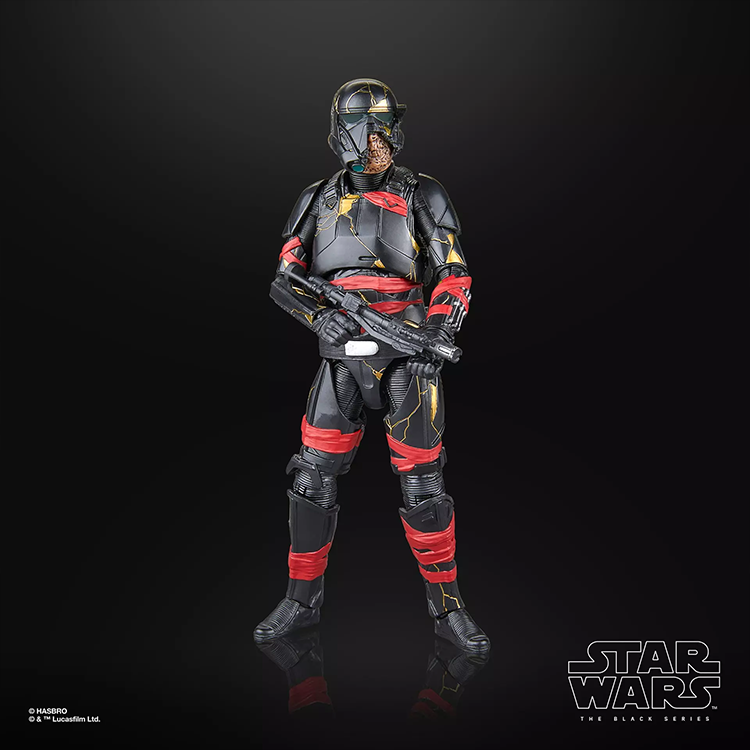 Star Wars Black Series Night Trooper figure with cracked helmet and red markings by Hasbro on black background