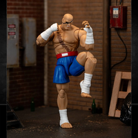 Jada Toys Ultra Street Fighter II Sagat 6-inch action figure posed in fighting stance with blue shorts and red belt