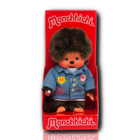 Official Sekiguchi 8-inch Monchhichi Boy doll wearing a miniature blue denim jacket, often searched as a Monchichi jean jacket plush.