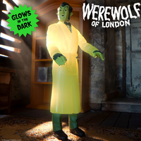 Werewolf of London glow in the dark action figure in robe with green hands by Super7 in spooky room setting