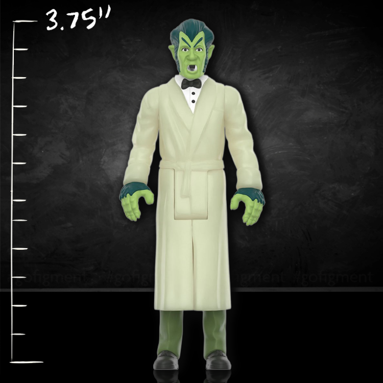 Super7 Glow-in-the-Dark Werewolf of London Action Figure 3 3/4-inch in white robe on black background with size scale