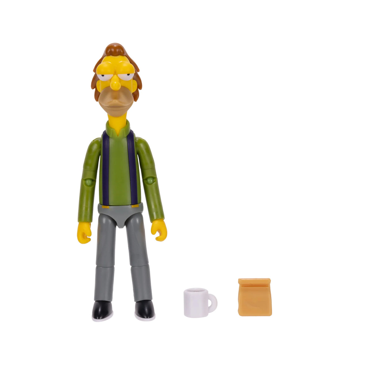 Jakks Pacific Lenny Leonard 5-inch action figure from The Simpsons with brown bag and white mug accessory on white background