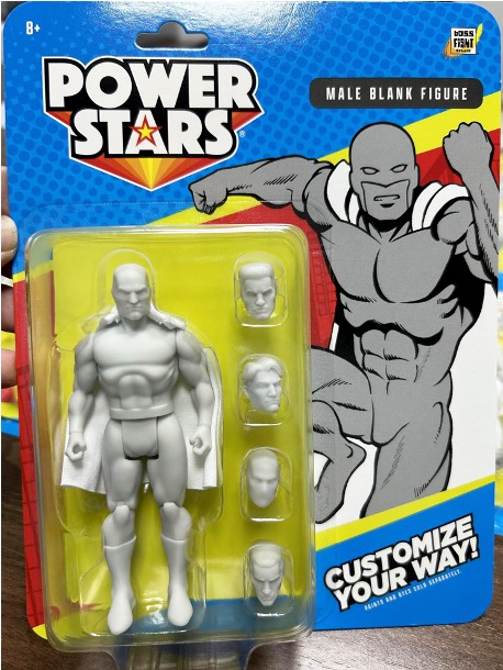 Boss Fight Studio Llc Power Stars blank 5-inch male action figure with four interchangeable heads in retro-style packaging