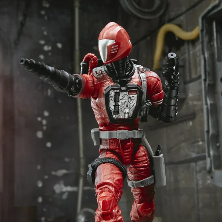 Crimson BAT 6-inch GI Joe Classified Series action figure posed with drill hands wearing red suit by Hasbro