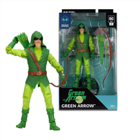 McFarlane Green Arrow 7-inch action figure in green hooded costume with bow and quiver in boxed packaging