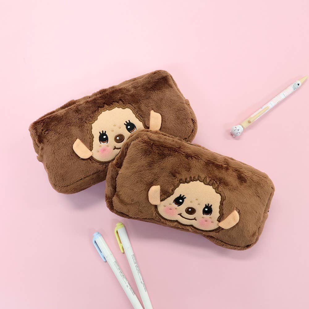Official Sekiguchi Monchhichi Square Plush Pouch by K-Wonderland featuring a soft spacious character design, often searched as a Monchichi organizer.
