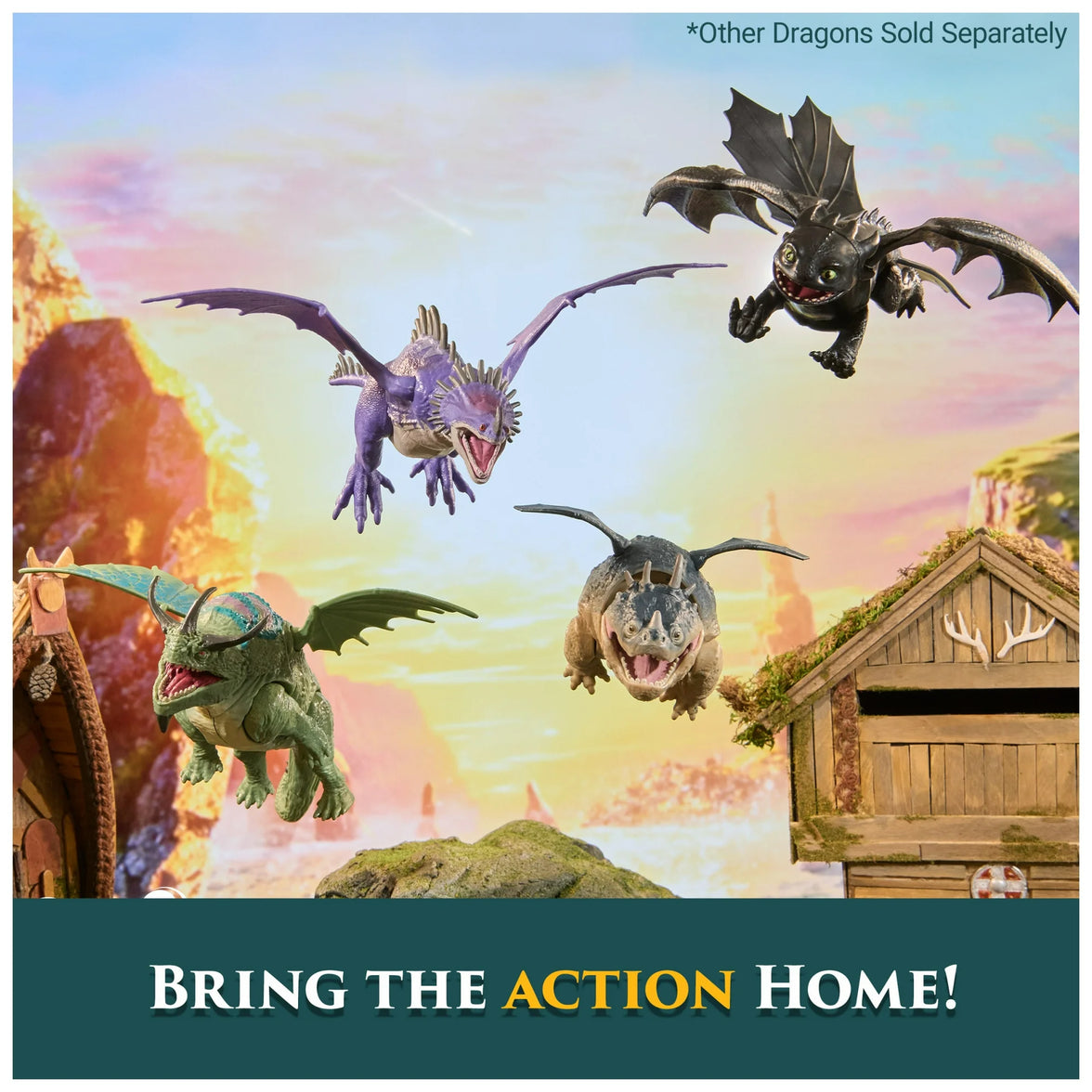 Spin Master How to Train Your Dragon action figures flying over a village with mountains in the background.