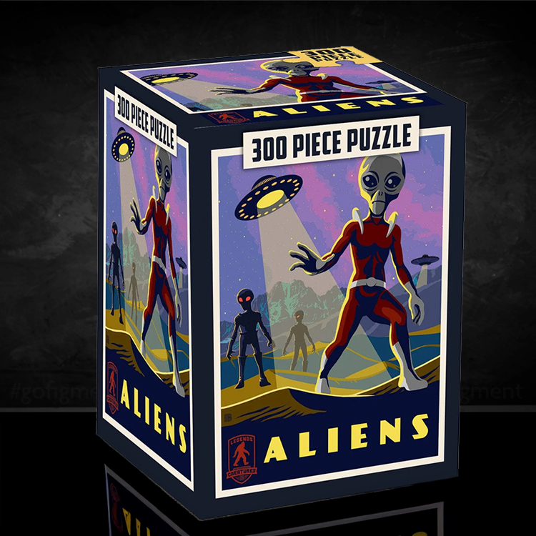 Master Pieces Aliens 300-piece puzzle box with vintage sci-fi alien art and UFO beam on dark cosmic background