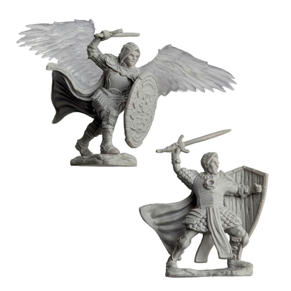 Two unpainted fantasy warrior miniatures, one with wings and shield, the other with sword and shield, in battle poses