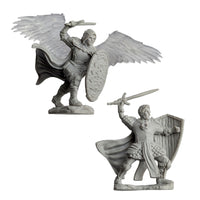 Two unpainted fantasy warrior miniatures, one with wings and shield, the other with sword and shield, in battle poses
