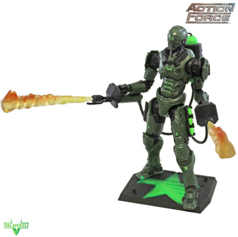 Green armored action figure holding translucent weapons on a black display base