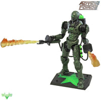 Green armored action figure holding translucent weapons on a black display base