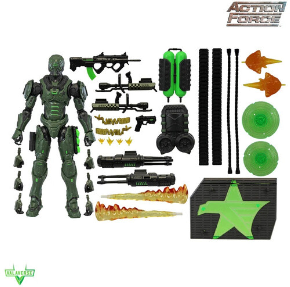 Action Force logo with a green armored figure, weapons, flame effects, discs, and interchangeable accessories
