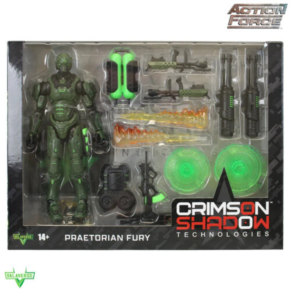 Boxed green armored action figure with weapons, accessories, and glowing green discs beside an Action Force logo