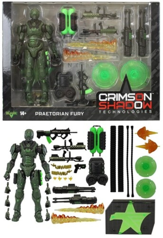Green armored action figure with weapons and accessories displayed in packaging