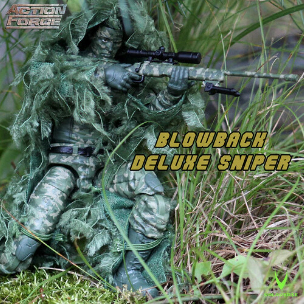 Action Force Blowback Deluxe Sniper figure concealed in grass with a scoped rifle